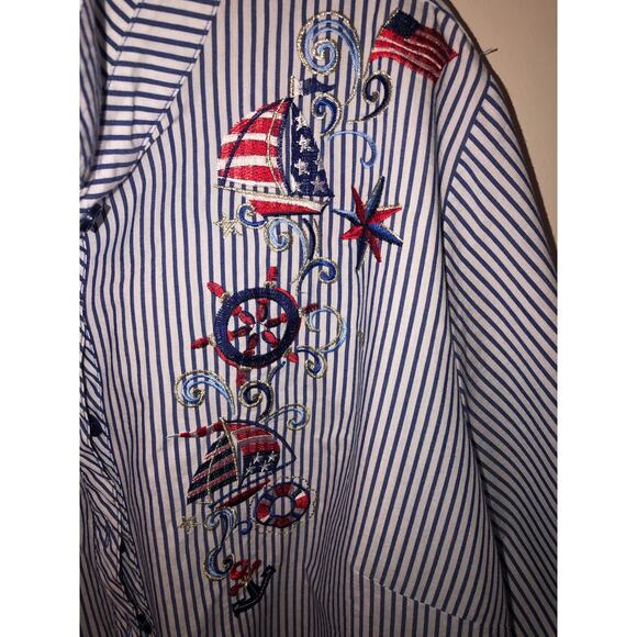 Quacker Factory Shirt Size XL Tie Front Embroidered Blue Nautical Patriotic - Picture 3 of 8